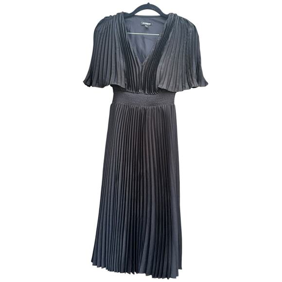 EXPRESS PLEATED V-NECK MIDI Smocked DRESS black Size XSmall Butterfly Sleeve - Picture 1 of 6